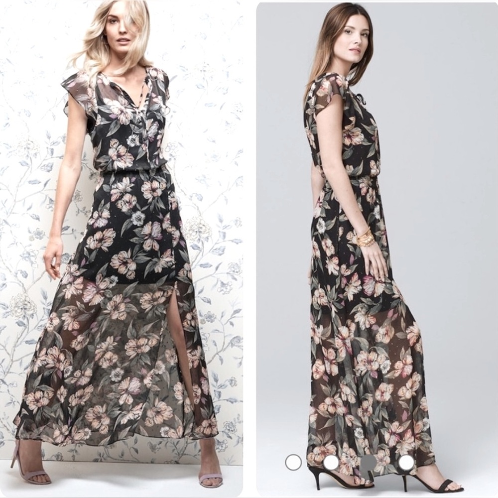 WHBM I White House Black Market Floral Chiffon Flutter Sleeves Maxi Dress